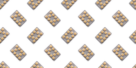 Blister packs of pills creating seamless medical pattern on white background