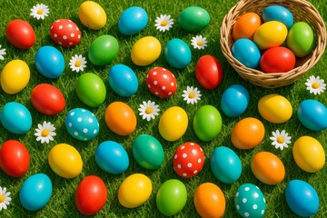 Obraz premium Colorful Easter eggs on green grass with cheerful daisies and a woven basket, creating a vibrant and festive spring celebration atmosphere