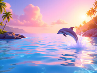 summer vacation dolphin jump summer seaside beautiful healing 3D illustration
