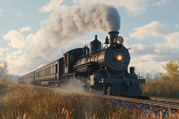 Fototapeta premium An old steam train moves across the grassy countryside in daylight