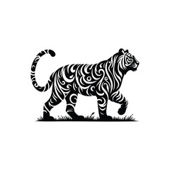 Black silhouette of standing tiger on white background of vector illustration
