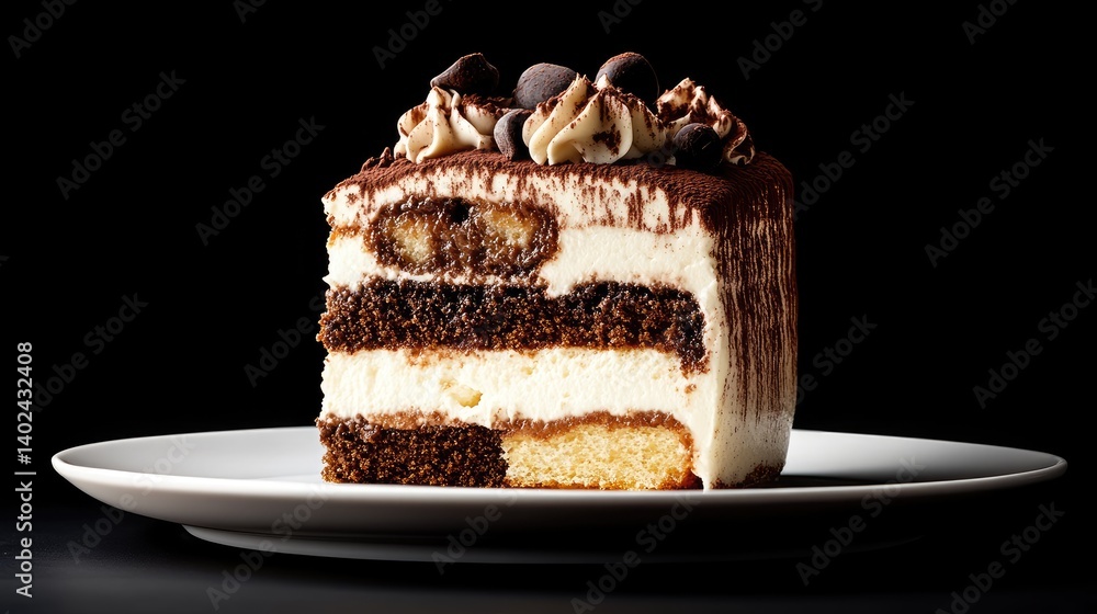 Poster a slice of classic tiramisu cake on a white plate, cocoa dusting on top, side view with soft lightin