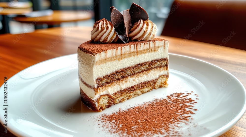 Poster a slice of classic tiramisu cake on a white plate, cocoa dusting on top, side view with soft lightin