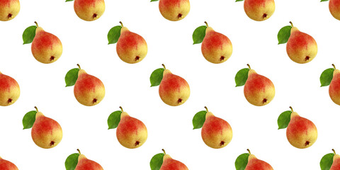 Seamless pattern of ripe pears with green leaves on white background