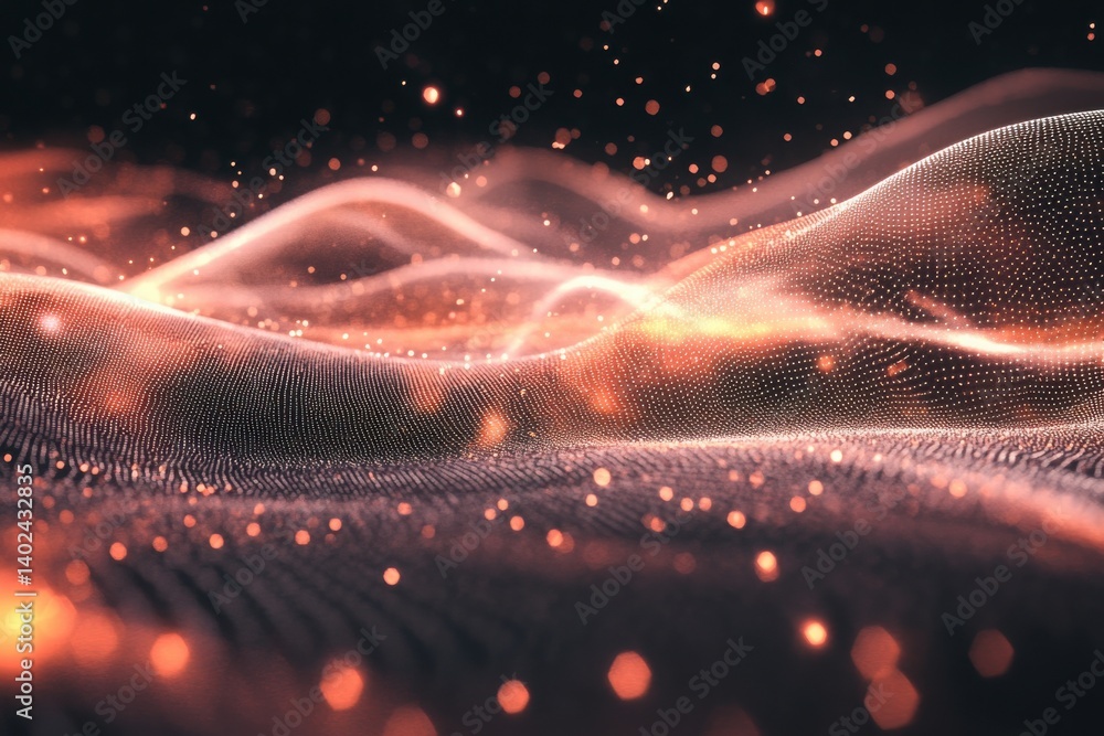 Poster abstract glowing orange wave background with sparkling particles for science or technology concepts