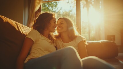 Naklejka na ściany i meble Couple cuddling sunset home sofa intimacy