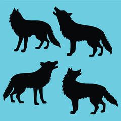 Set of four vector howling wolf silhouettes