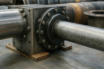 Heavy-duty industrial shaft with bolts and flanges, metallic texture, workshop setting, mechanical engineering, macro view, detailed construction, professional lighting