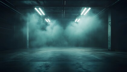 Abstract Grunge Interior with Fog and Neon Lights: Industrial Warehouse Style Background