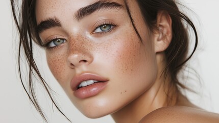 Captivating close-up portrait showcasing natural beauty and delicate features of a young woman with freckles and expressive eyes