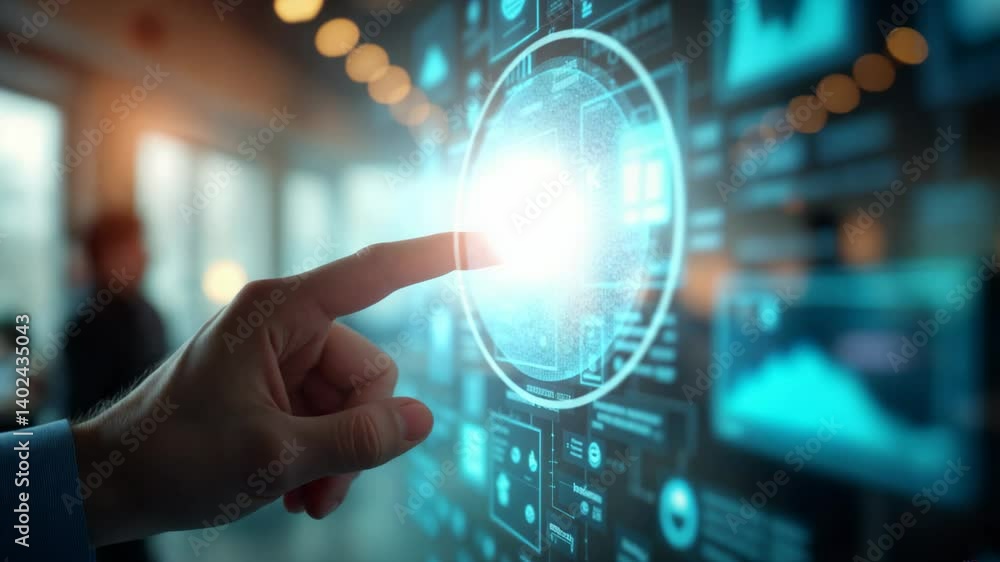 Poster futuristic touchscreen interaction: hand engages with virtual display in digital innovation hub