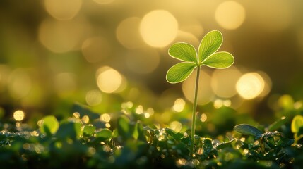 A vibrant clover leaf bathed in golden sunlight, amidst a lush green field.