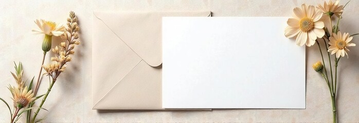 Top view, envelope, woman silhouette, dried flowers, white copy paper template. Horizontal concept of Mother's Day greetings