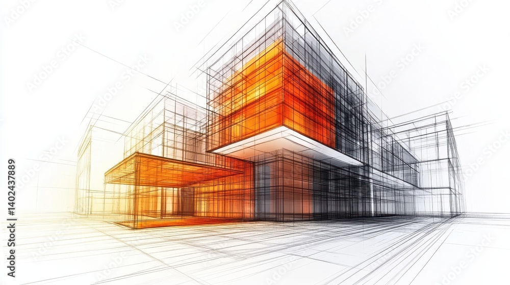 Poster sketch of modern architecture construction of new office building. postproducted generative ai illus