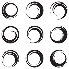 Spiral and swirl motion twisting circles design element set Vector Black silhouettes. with white background
