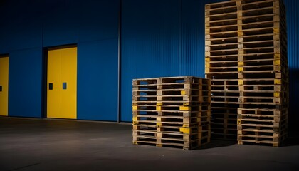 Stacked Wooden Pallets Against Blue Wall