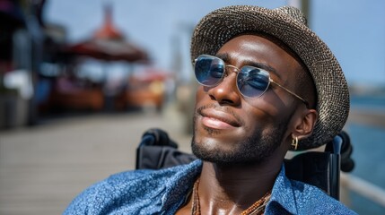 Man in wheelchair enjoying beach sun, close-up, model, looking, serious, close, glasses