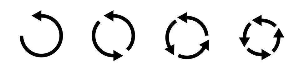 Circle arrow icon set. Symbol of reload, refresh, loading, recycle and repeat. Interconnecting round arrow vector icons set. Work in progress sign. One, two, three, four arrow in the loop.