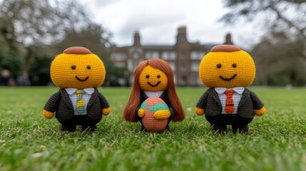 Obraz premium Three crochet figures in business suits on a grassy field.