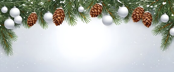 Christmas Festive Fir Branches Border with Silver Baubles and Pine Cones