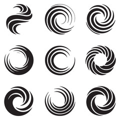 Spiral and swirl motion twisting circles design element set Vector Black silhouettes. with white background