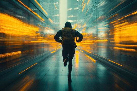 A man in a lightweight ninja suit runs along the wall of a skyscraper, the background blurred to emphasize speed.