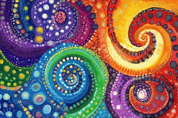 Vibrant Swirling Abstract Art with Colorful Spirals and Polka Dots in a Whimsical Design