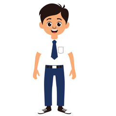Vector illustration of a smiling Indonesian middle school boy in uniform. Suitable for educational content, school-related designs, character sets, posters, or children's books and media.