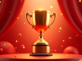 Shiny golden trophy with luminous bokeh background, competition championship success concept illustration