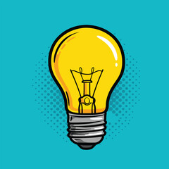 yellow light bulb pop art vector with halftone comic background on cyan, flat clean design