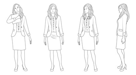 Doodle Line Art of a Young Businesswoman Wearing a Suit and Skirt in Various Standing Poses.