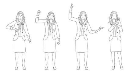 Doodle Line Art of a Young Businesswoman in a Suit and Skirt, Motivational Poses.