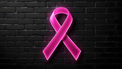 Pink Neon Ribbon on Black Brick Wall