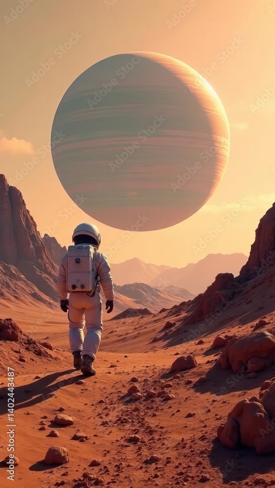 Poster a man in a spacesuit is walking across a desert