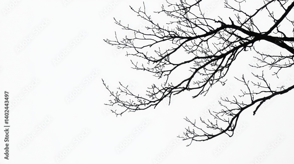 Poster silhouettes of bare tree branches against a bright white sky during a calm, tranquil day providing a