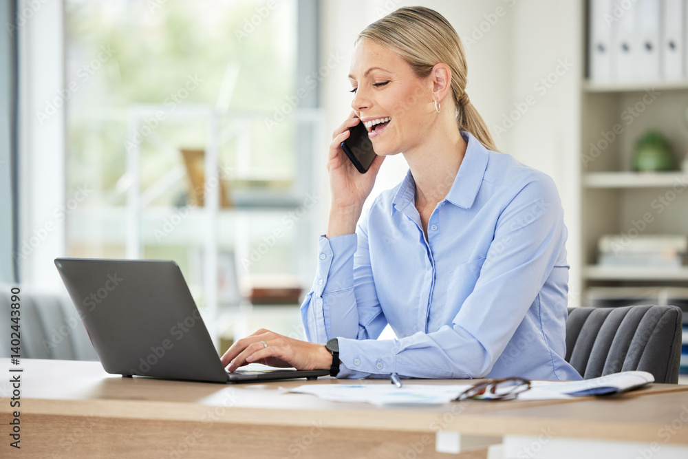 Poster business person, phone call and laptop with typing in office with accounting networking and talk. co