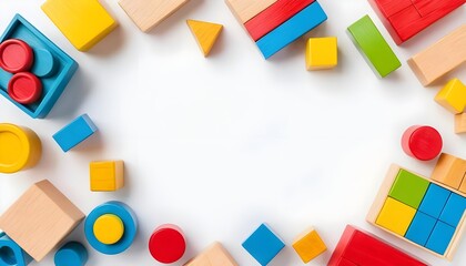 Colorful Wooden Blocks Frame on White Background