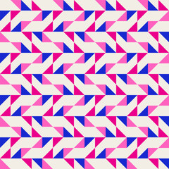 Bright bold vibrant abstract geometric quilt seamless vector pattern, color block. High contrast geometric colorful patchwork background. Pink fuchsia magenta and indigo cobalt blue color combination