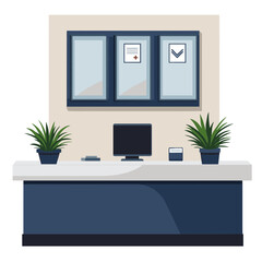 Modern Office Reception Desk with Plants and Bulletin Board