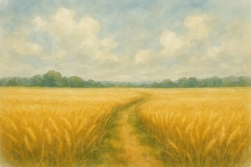 Fototapeta premium Tranquil Rural Landscape with Golden Wheat Field and Soft Blue Sky, Inviting Path Through Nature for Peace and Serenity in Art
