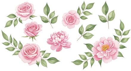 A delicate watercolor collection of pink roses, peonies, and green leaves painted in soft pastel tones on a white background
