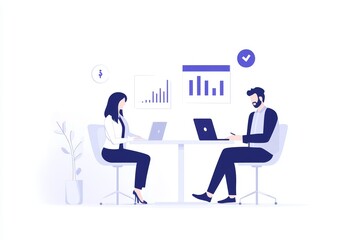 A financial planner and a small business owner discussing budgeting strategies, surrounded by documents, bar charts, and a laptop in a sleek office environment.