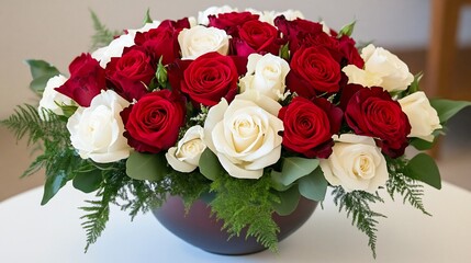 Obraz premium Red and white roses in a bowl arrangement