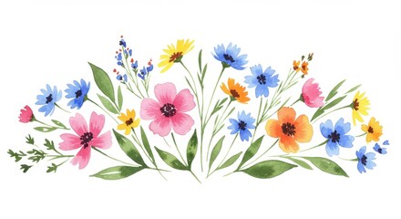 A charming watercolor border of colorful wildflowers in full bloom with soft green stems and leaves on a white background
