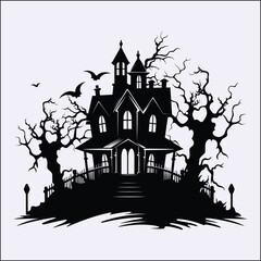 Obraz premium Haunted House Silhouette, Spooky Mansion