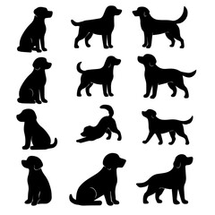 Silhouettes of various dog poses, showcasing different stances and activities. black silhouettes are set against white background, highlighting dogs playful and attentive nature