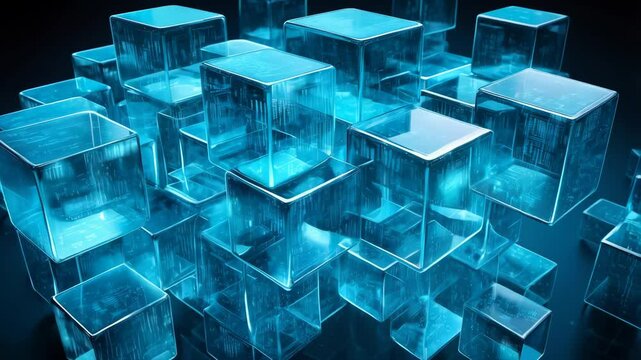 A series of floating, three-dimensional transparent glass cubes arranged in a dynamic layout, each covered with binary code
