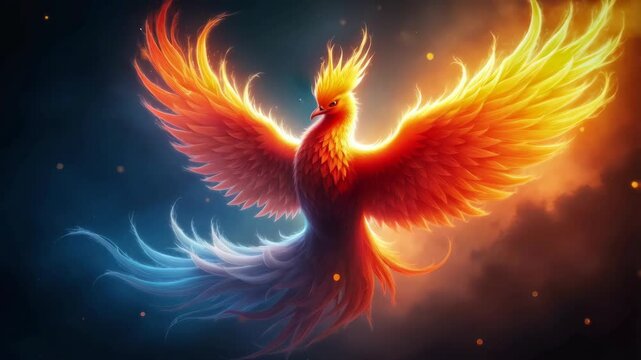 A majestic mythical phoenix with large, fiery wings. Concept of reborn or rising from ashes.