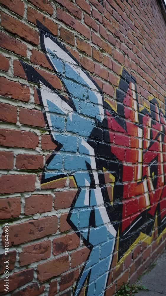 Poster close-up angled shot of a red brick wall with moss, capturing texture and depth. ideal for a video b