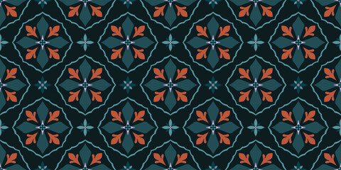 Seamless tile pattern with deep green and terracotta floral accents on a dark background, creating a rich, moody, and elegant Mediterranean-inspired design.